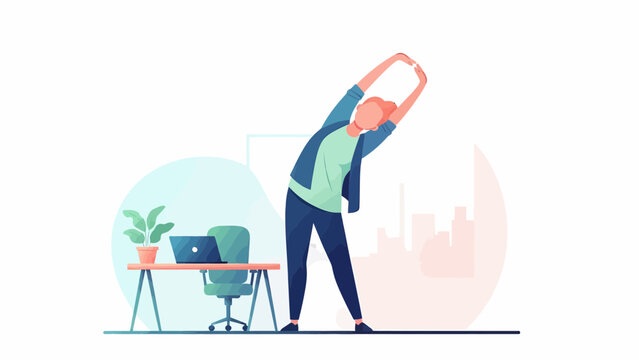 Illustrated person doing a gentle arm stretch at a remote work desk, representing a brief active break moment